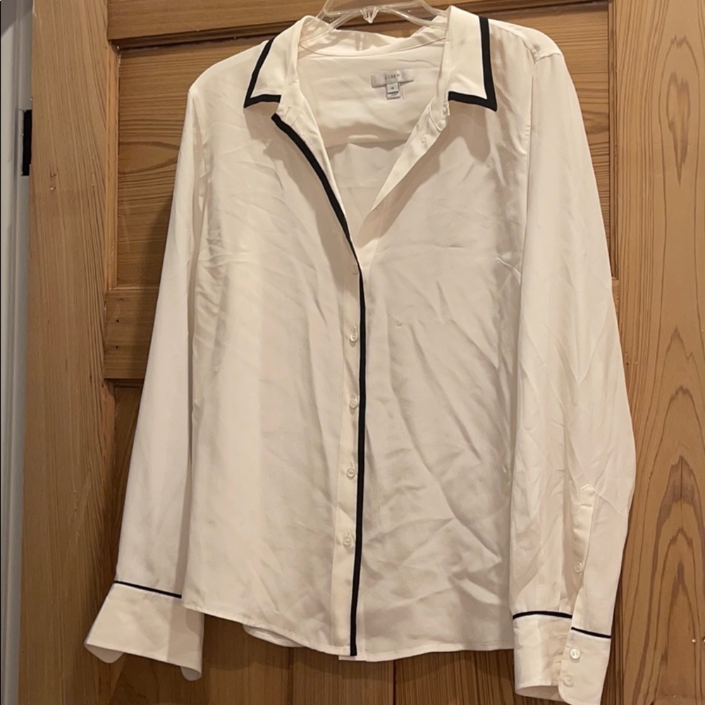 J. Crew White Silk Blouse with Black Trim